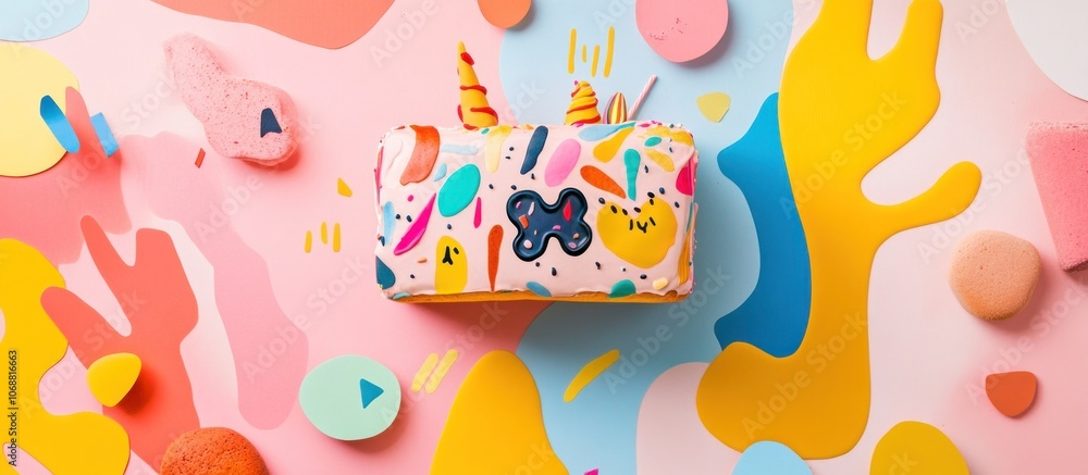 Poster a colorful abstract box with a unicorn horn and abstract patterns on a pink background.