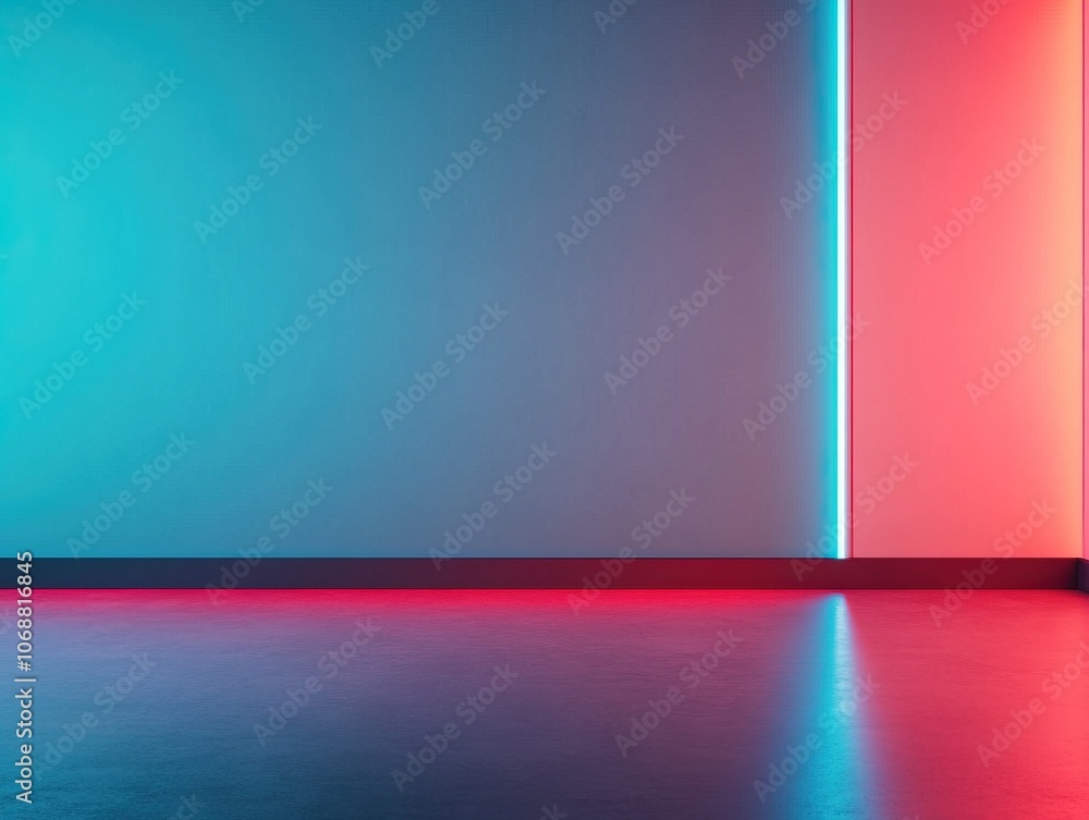 Poster a modern space with vibrant blue and red lighting highlighting smooth walls and floor, creating a dy