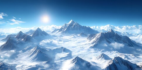 Fototapeta premium A breathtaking mountain landscape under a clear blue sky with bright sunlight.