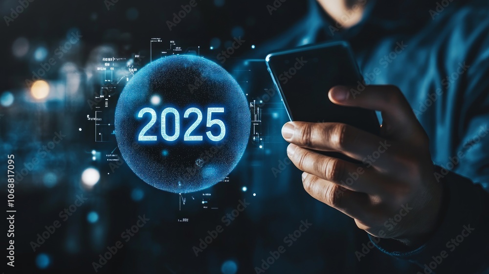 Poster a person holds a smartphone with a glowing orb displaying the year 2025, representing the future of 