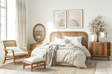 Bright bedroom interior with gallery wall mockup and rattan wooden furniture with big window