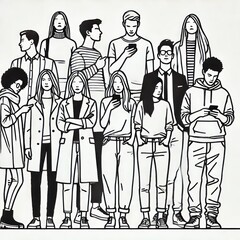 Group of Young Adults Immersed in Smartphones in Minimalist Line Art
