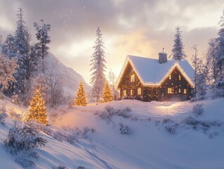 Naklejka premium Explore a scenic snowy landscape with beautifully lit christmas trees and a cozy cabin
