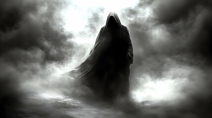 Dark Hooded Figure Emerging from Mystical Fog: A Monochromatic Digital Illustration of Supernatural Mystery and Ethereal Atmosphere
