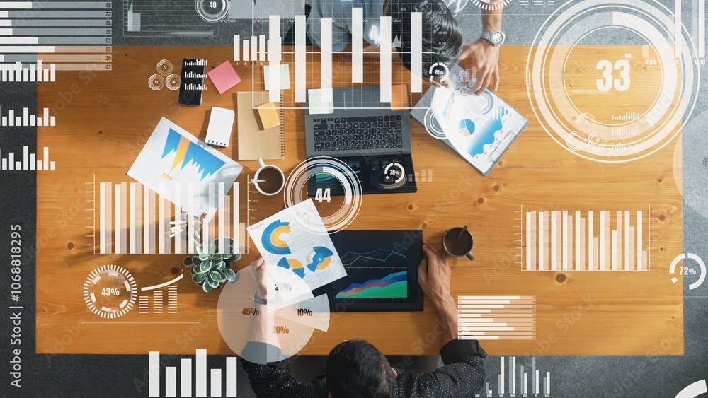 Poster top view of marketing team working together to analysis financial chart. manager using laptop and lo