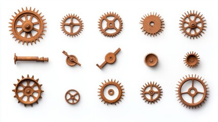 Antique wooden gears on a white isolated background.