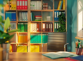 office room with documents and colorful files on shelves, 