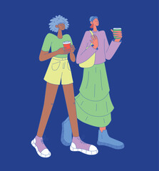 Flat vector illustration of two young women walking with coffee. Casual style, vibrant colors, unique outfits. Relaxed mood, cheerful expressions, modern look. Comfortable shoes, creative fashion.