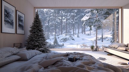 Scandinavian home with Christmas tree by the window