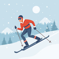 Male character on skis on mountain winter landscape background. Winter sport, outdoor sport activity. Flat illustration