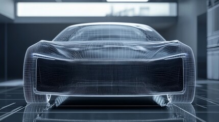 Futuristic technology in modern cars is illustrated with a wireframe front intersection, representing advanced design. 