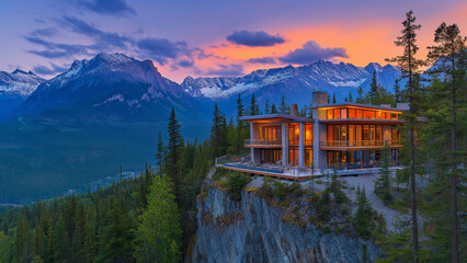 A modern retreat sits on the edge of a cliff, surrounded by majestic mountains