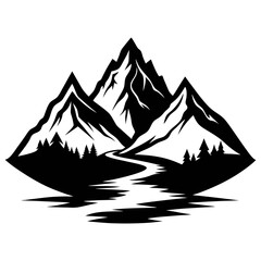 vector illustration of a landscape featuring mountains, a river, and a forest, showcasing travel and nature. It includes a road and outlines of fir trees as icons.