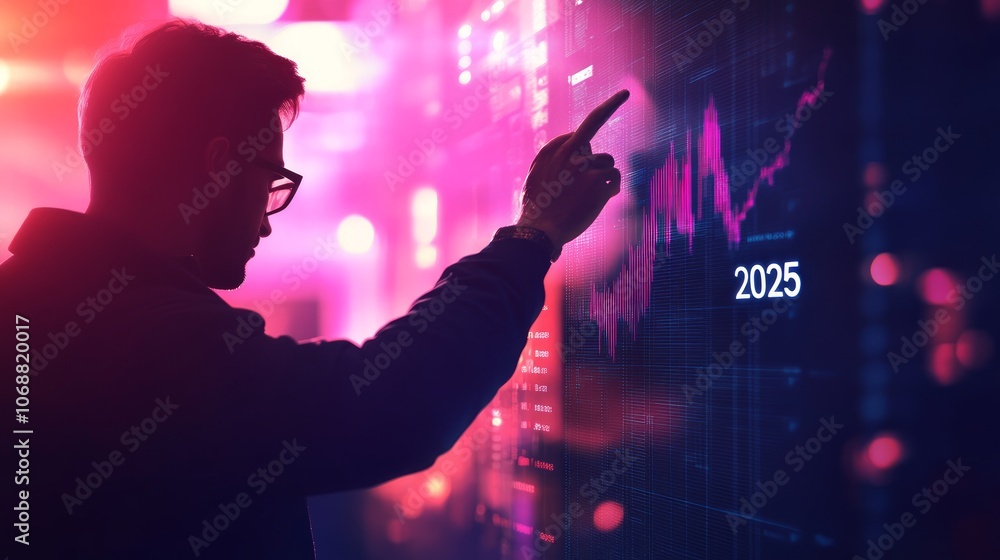 Poster A silhouette of a man in glasses interacting with a large screen displaying a financial chart with the number '2025' highlighted.