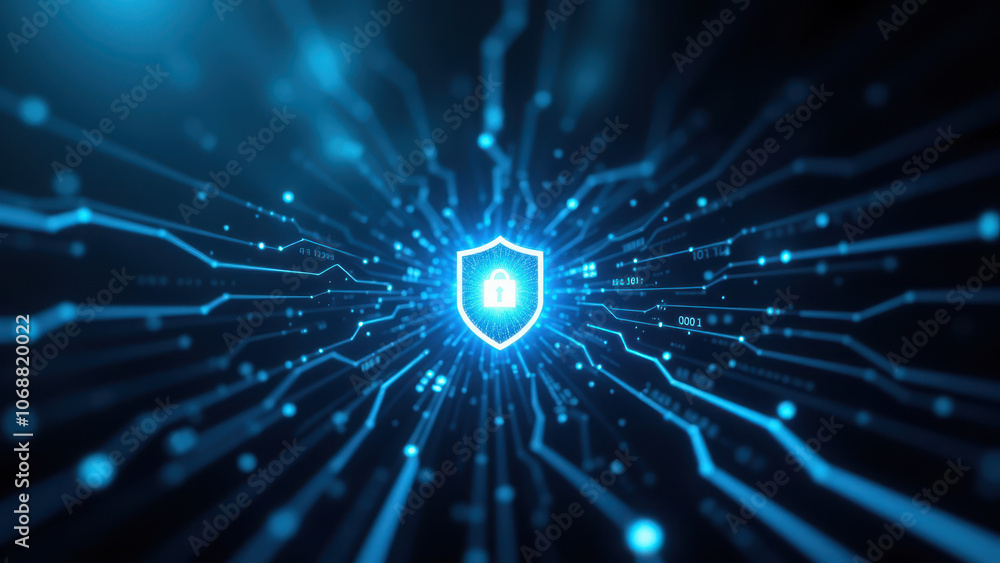 Poster digital cybersecurity lock symbol in a network of circuit-like design.
