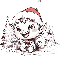 Obraz premium Cheerful Christmas Elf with Santa Hat and Gift Box Illustration