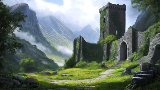 A majestic castle ruin surrounded by misty mountains and greenery - Powered by Adobe