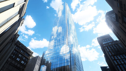 A sleek skyscraper stands tall, mirroring clouds against a clear sky