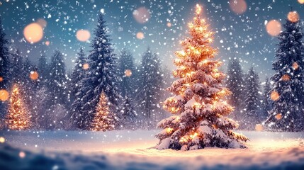 Naklejka premium Snowy Christmas tree glowing in winter forest night.