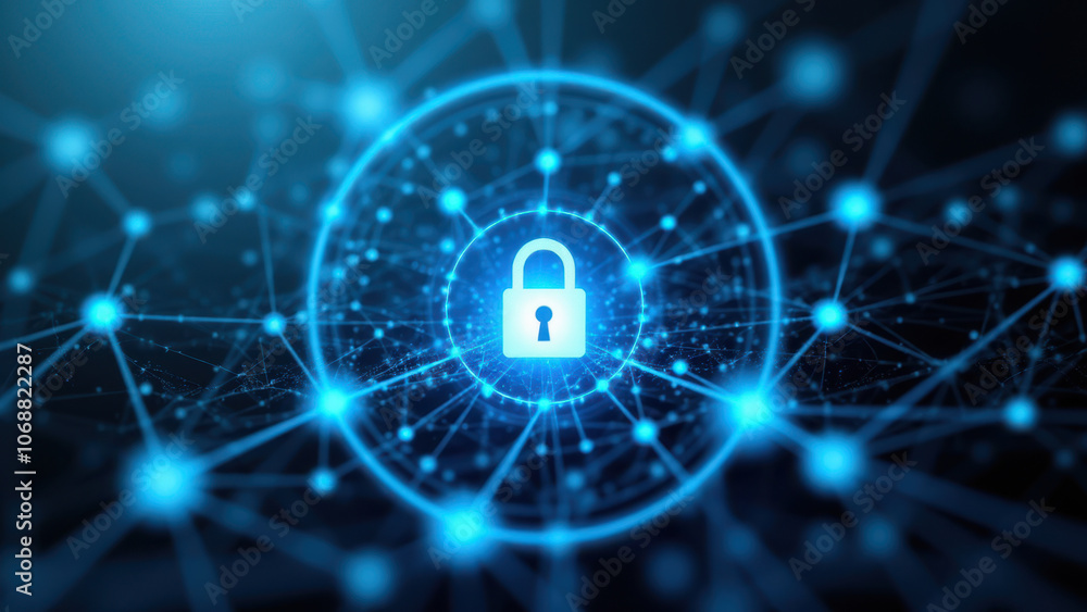 Poster An image featuring a graphical representation of cybersecurity, with a networked lock symbolizing data protection and digital security.
