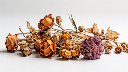 A collection of dried everlasting flowers on a white background.