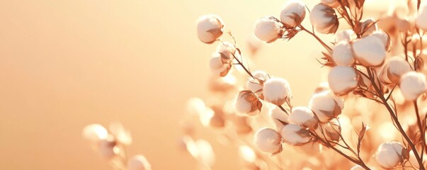 Cotton flowers against warm light, close-up view. Natural texture and softness concept