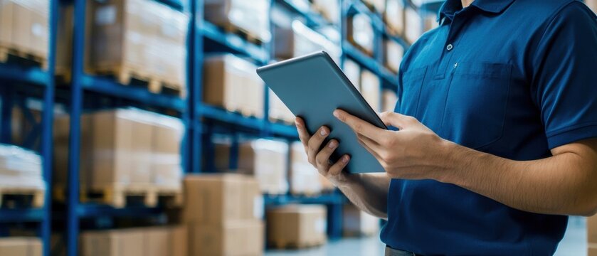 Warehouse employee using tablet to manage inventory in a modern storage facility. - Powered by Adobe
