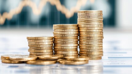 Stacks of coins representing financial growth on a blurred background with graphs.