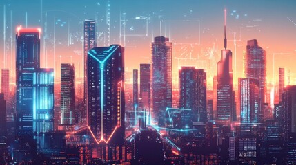 Obraz premium Smart city illustrations show a futuristic vision of connected buildings and infrastructure. 