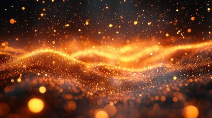 Golden waves of glowing particles creating a shimmering abstract background with vibrant energy and dynamic motion, perfect for festive, magical, and elegant design projects