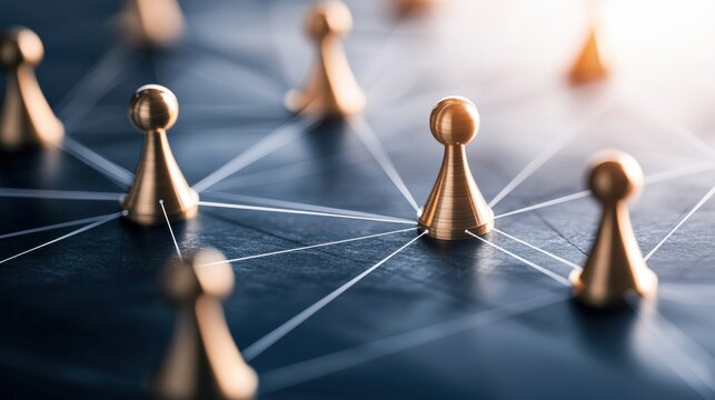 Gold game pieces on a strategic board, representing competition and teamwork in a modern business context.