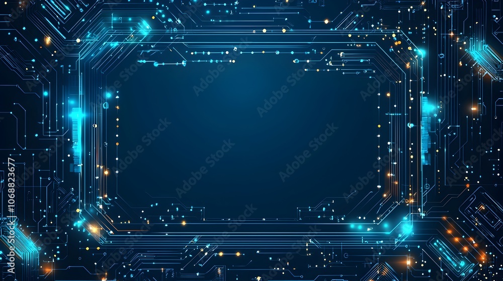 Poster futuristic digital circuit board frame with glowing lines and dots on dark blue technological backgr