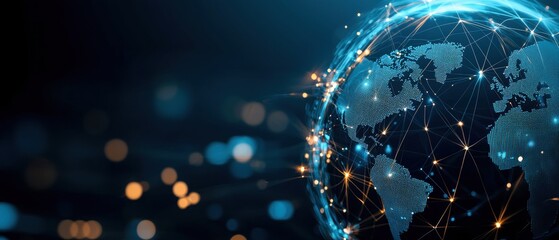 Digital globe with illuminated connections representing global communication and technology in a futuristic setting.