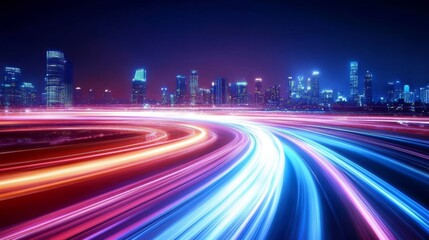 Fototapeta premium Speeding light flows through a city in an intricate lighting design, symbolizing smart city tech. 