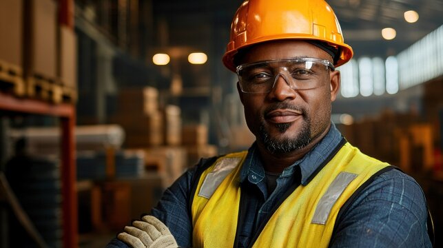 Confident worker in safety gear stands in warehouse, ready for tasks. Professionalism and safety at the forefront.