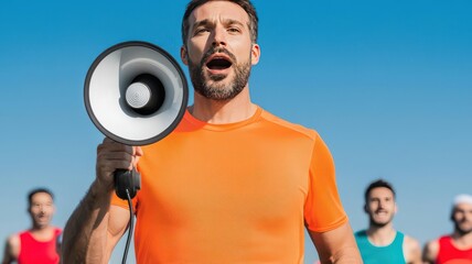 A marathon organizer holding a megaphone, calling out the race start for participants   race organizer, megaphone, marathon start