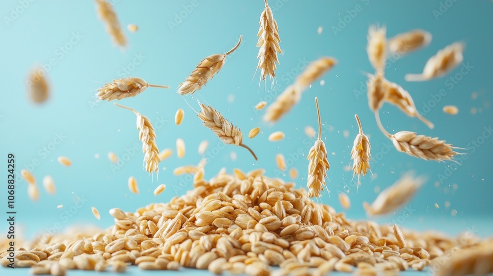 Poster rye groats are shown individually hovering vibrant backdrop emphasizing their distinct shapes and te