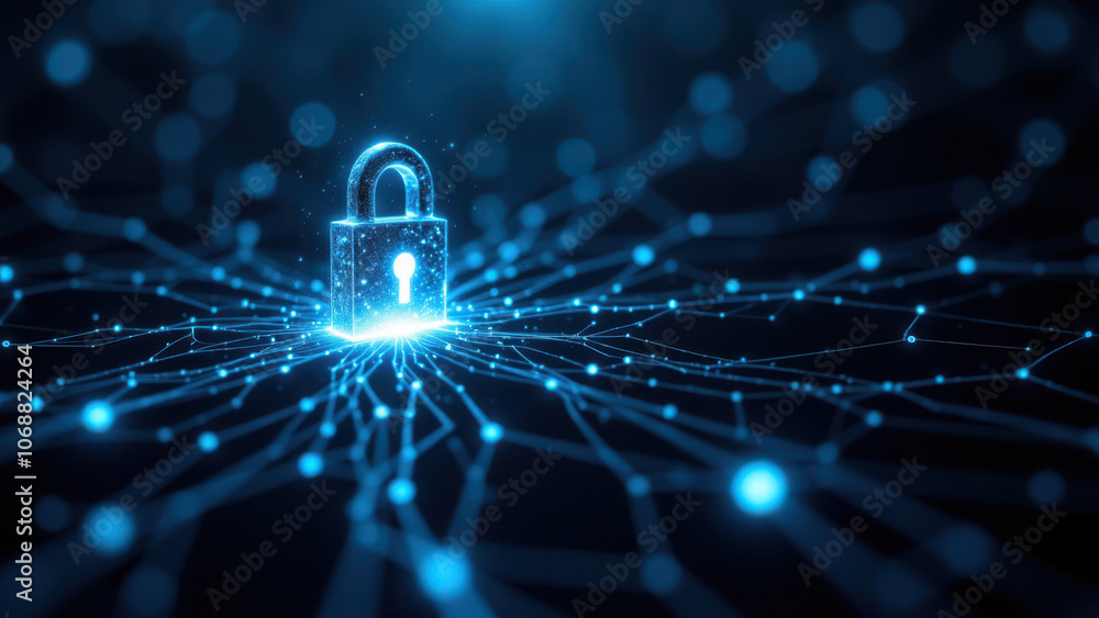 Poster digital lock icon with a glowing network of connections, symbolizing cybersecurity.