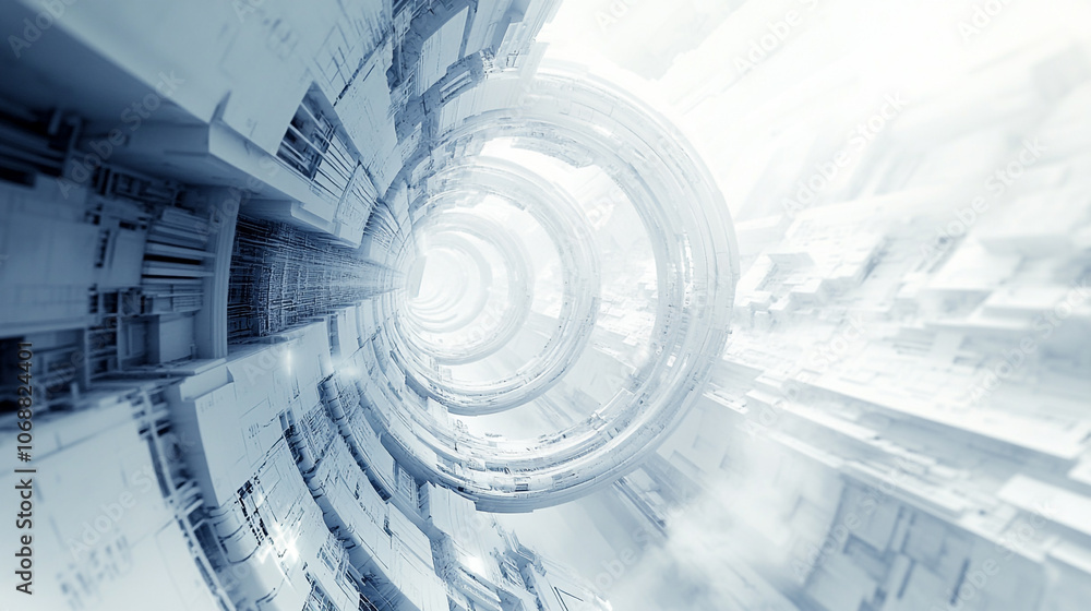 Poster a futuristic tunnel with geometric patterns and light effects created in a digital environment