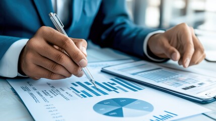 A close-up of a business professional analyzing financial data charts while taking notes in a modern office setting.