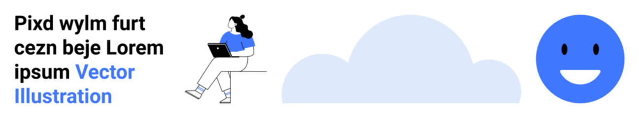 Woman working on a laptop, large cloud, and happy face. Ideal for remote work, cloud computing, technology, productivity, online learning, digital tools, communication. Landing page