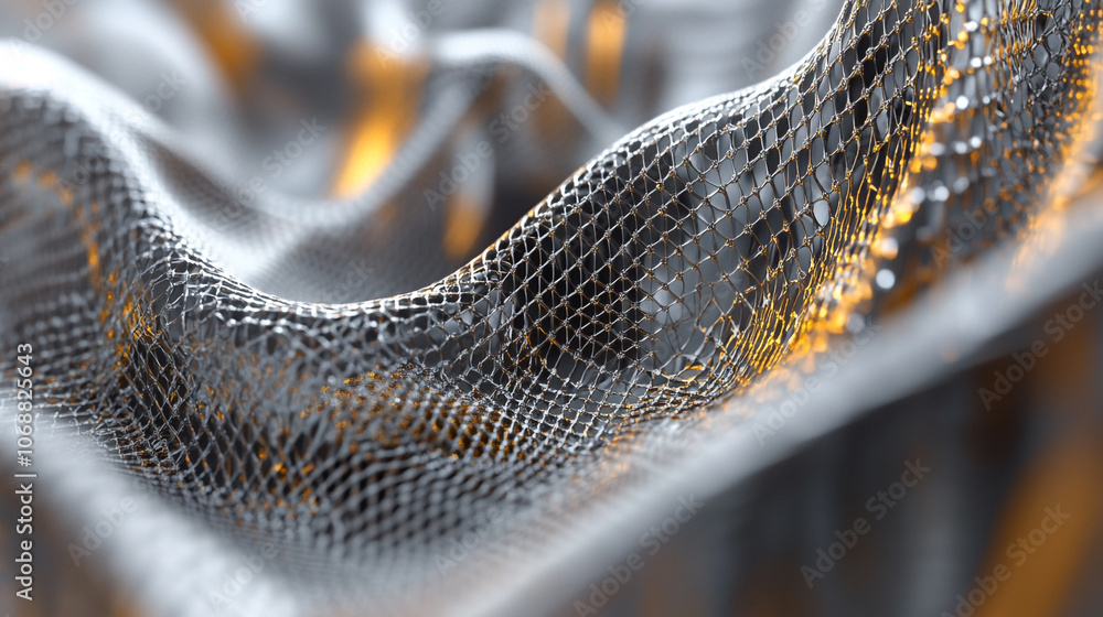 Poster detailed view of metallic mesh fabric creating ripples with golden highlights in soft lighting