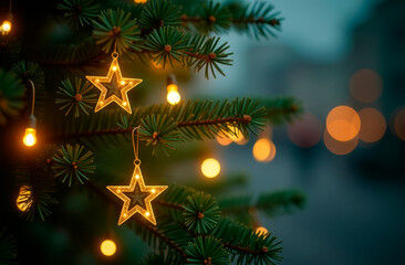 Fir branches, golden stars on a dark festive background. Postcard, congratulations	