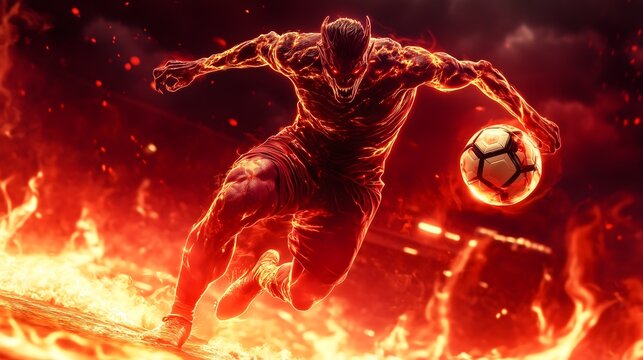 a demon soccer player with dark energy swirling, lava stadium, intense red lighting

