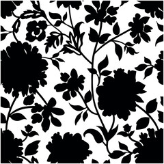 Seamless silhouette peony and wildflowers pattern on a white background. 