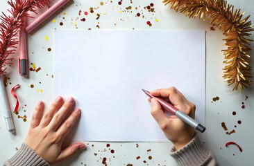 A close-up of a child's hands with a felt-tip pen near a white sheet of paper lying on the table, with felt-tip pens, tinsel, and confetti around it. Template for text