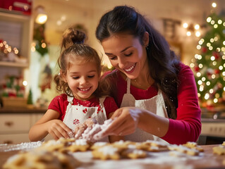 Fototapeta premium A joyful mother and daughter bake cookies together, surrounded by festive decorations, creating a warm holiday atmosphere filled with laughter and love.