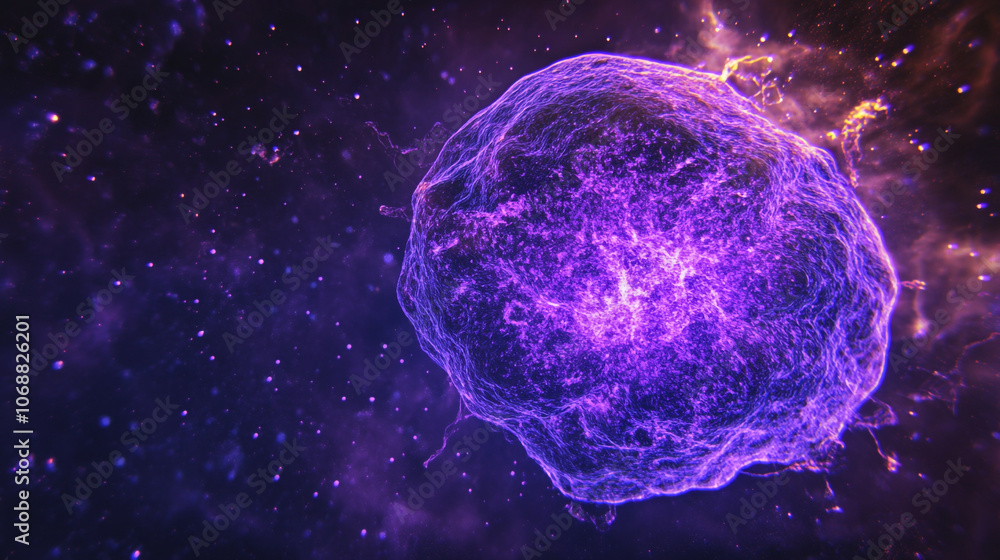 Poster a vibrant microscopic view of a purple cell in a cosmic-like environment exploring life's complexity