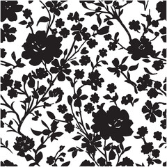 Seamless silhouette peony and wildflowers pattern on a white background. 