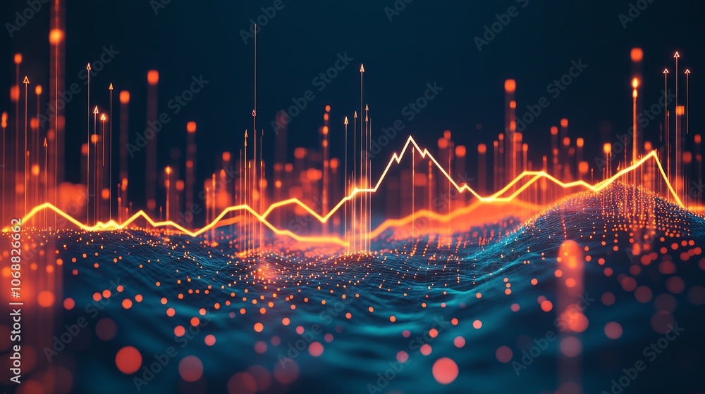 Poster abstract glowing lines and dots graph on a dark background.